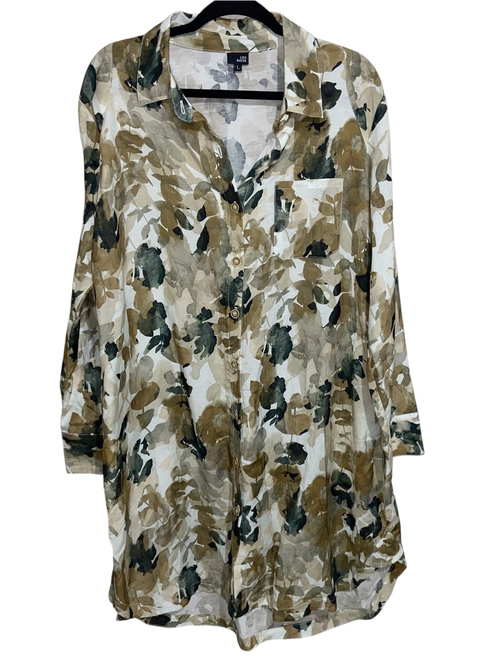 Lisa Bayne Shirt Dress Womens Large Linen Lagenlook Floral Resort Artsy Boho